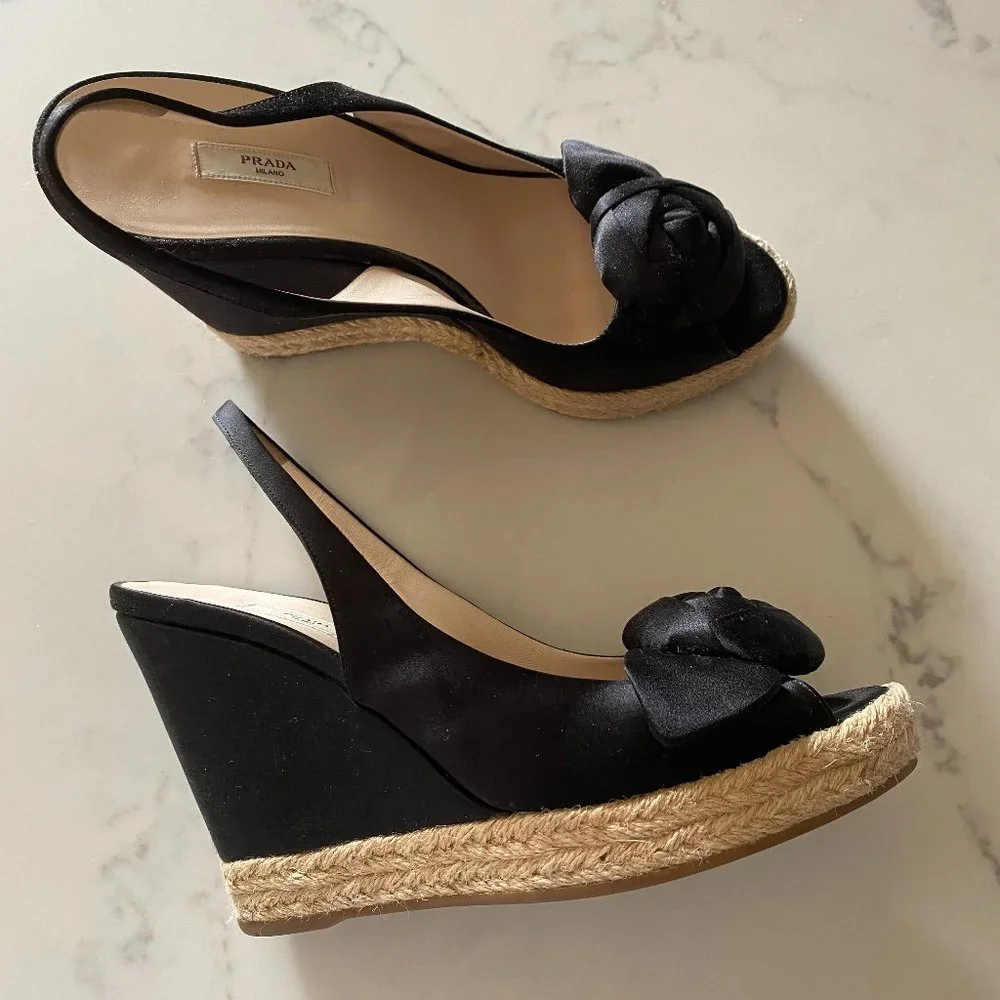 prada satin wedge peep toe espadrilles w/ rosette